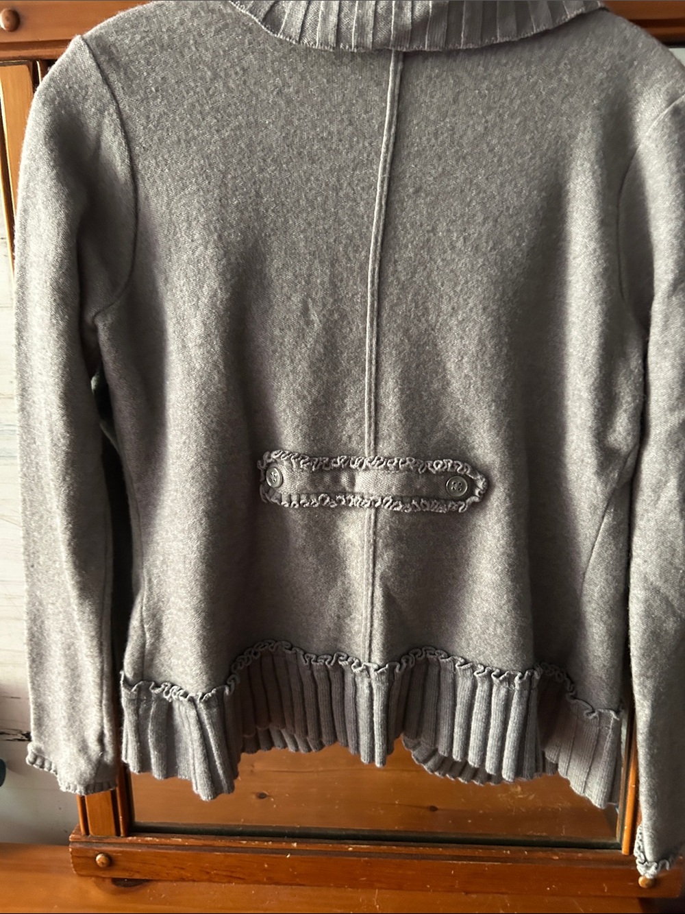 White House Black Market Gray Ruffle Trim Shawl Collar Sweater Jacket - Picture 7 of 7
